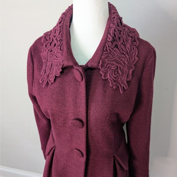 Darling London Burgundy Floral Lace Overlay Collared 3 Button Pea Coat Small - Picture 2 of 9